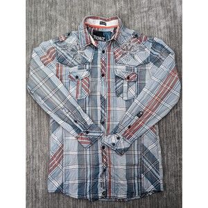 Roar Signature Mens Button Up Shirt Medium Red Blue Embroidered STAINS